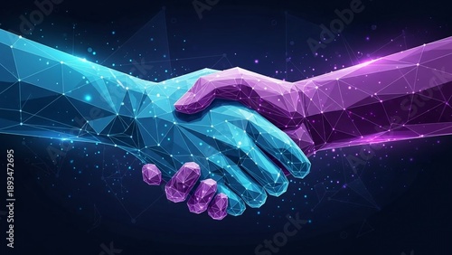 Handshake of two hands in blue and purple hues with geometric shapes and lines on a dark background with stars