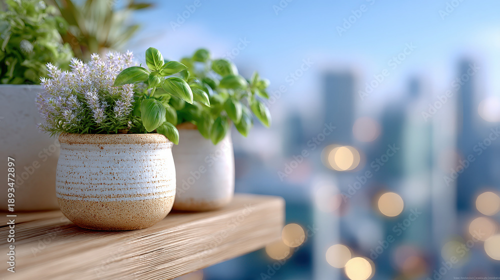 Fototapeta premium Tiered wooden shelves on a terrace holding herb pots with cityscape in background