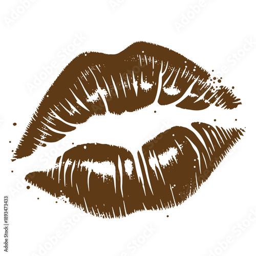 Vintage Grunge texture Brown lipstick kiss mark with white background  a brown lip print with smudge marks