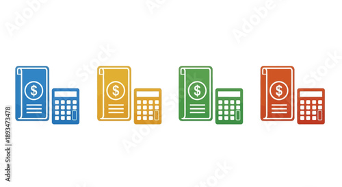 Colorful mobile phones and calculators aligned in a row on a plain white surface, viewed from directly above, showcasing a collection of electronic devices