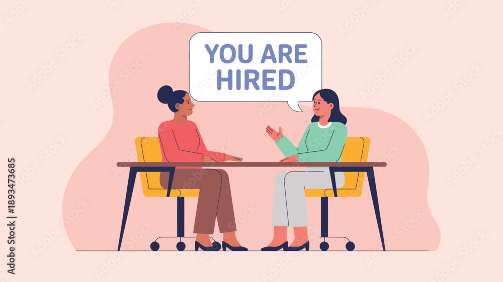 Fototapeta premium job interview hiring illustration with employer telling you are hired to candidate at office desk showing recruitment success employment agreement and career opportunity concept isolated background 