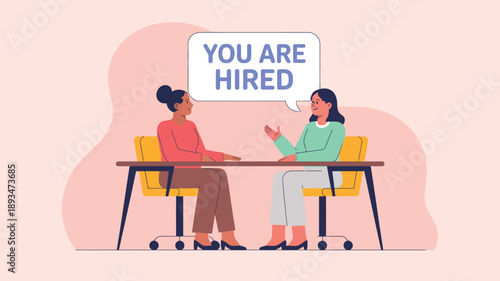 job interview hiring illustration with employer telling you are hired to candidate at office desk showing recruitment success employment agreement and career opportunity concept isolated background 