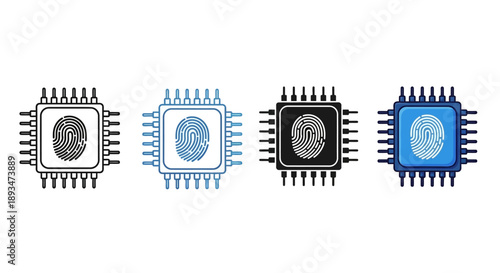 A row of four microchip processors with distinct color schemes and fingerprint icons, illustrating technology and security concepts in a modern digital environment viewed