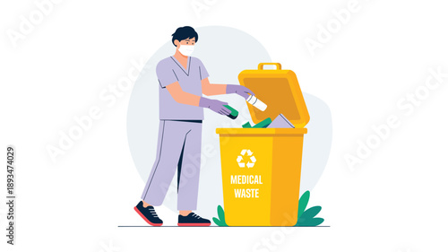 man recycling plastic waste into yellow recycling bin illustration showing environmental responsibility eco friendly lifestyle waste management and sustainability concept isolated on white background 
