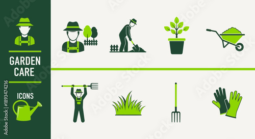 Gardening icons set illustrating various garden care activities and tools from a top-down viewpoint
