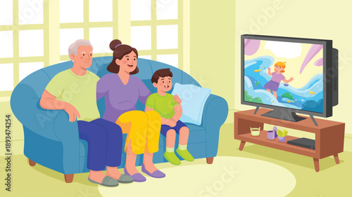 happy family watching television together at home illustration showing parents and child sitting on sofa enjoying entertainment living room lifestyle concept isolated on light background 