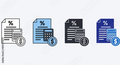 Financial documents and calculators displayed with percentage and currency symbols in various colors