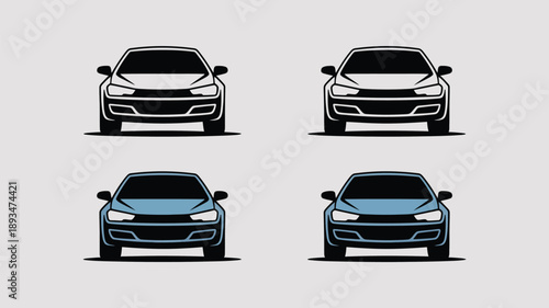  front view car icons set in black and blue modern flat style with automobile vehicle symbols isolated on transparent background for transportation app ui branding and graphic design
