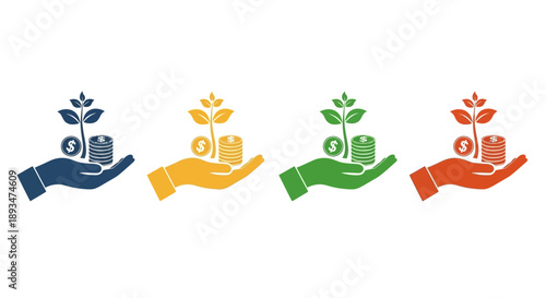 Hands nurturing plants with coins, symbolizing financial growth and sustainability in a modern, eco-friendly concept, premium file (104).eps