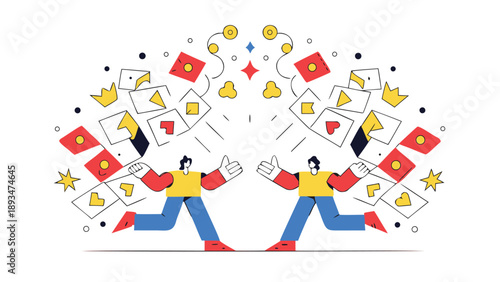 Two marketers arranging floating social media icons for online campaign strategy