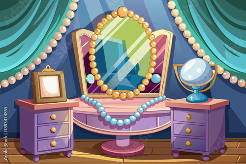 pearl necklace placed on a stylish vanity table, ideal for fashion advertising and jewelry promotions