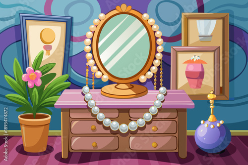 pearl necklace placed on a stylish vanity table, ideal for fashion advertising and jewelry promotions