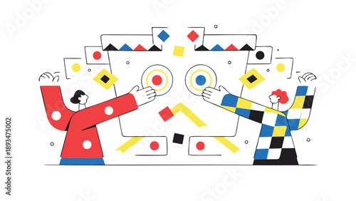 Two colleagues collaborating on a colorful flat illustration with geometric shapes and teamwork concept