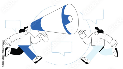 Two team members coordinating communication with a megaphone and speech bubbles in a dynamic flat vector illustration