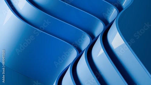 Abstract wavy curved 3d render. Blue soft layers of plastic with lines, folds, ruffles. Modern wallpaper, texture pattern. 3D Illustration
