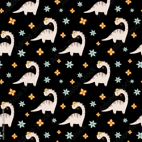 Summer seamless pattern with coquette dinosaur and flowers. Cute dino girl background, Jurassic animal repeat paper, Kids vector illustration.