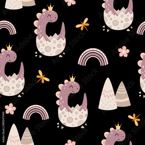 Cute dinosaur seamless pattern for girly print. Cartoon dino girl background, Prehistoric animal, Jurassic character illustration, Kids vector background.