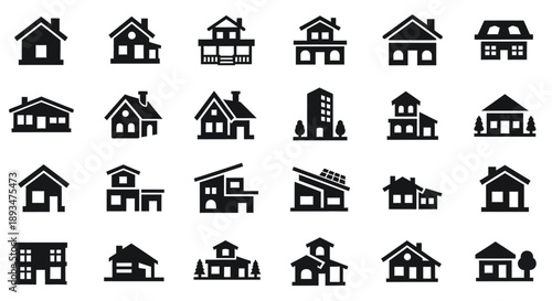 Collection of various house icons in different architectural styles and designs