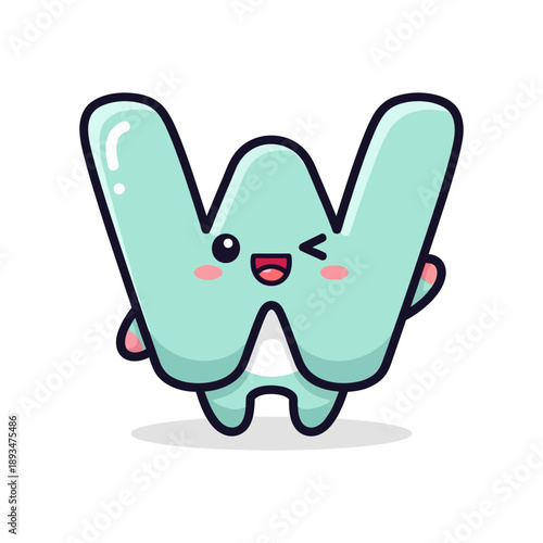 Cartoon letter w character with cheerful expression and pink cheeks on white background