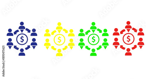 Four groups of people in different colors surrounding dollar signs in a premium file format