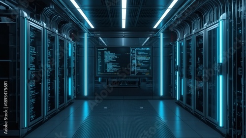 An empty corridor inside a blue server room data center features modern glass architecture and indoor business lighting that stretches through the urban building like an underground station tunnel