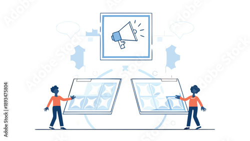 Two team members presenting business strategy on large screens with megaphone