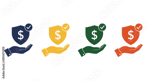 Illustration of four hands holding shields with dollar signs, premium file (116).eps