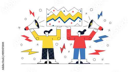 Two team members presenting colorful graph on whiteboard with megaphones teamwork and communication concept