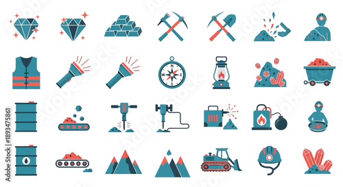 Collection of industrial icons, symbols for mining, construction, and machinery, premium file (123).eps