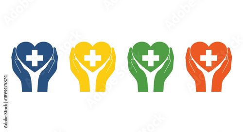 Hands holding heart-shaped symbols with medical crosses in various colors, premium file (125).eps