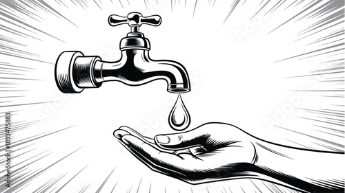Water Conservation Concept Illustration with Faucet Dripping into Hand
