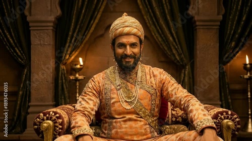 Chhatrapati Shivaji Maharaj smiles warmly in the soft temple light, radiating kindness, serenity, and gentle presence.