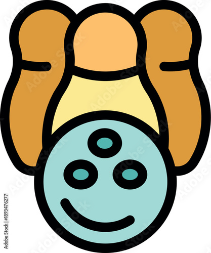 Cartoon bowling ball hitting pins with a happy face and three eyes, bringing a fun and whimsical touch to the sport of bowling