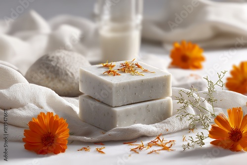 Natural handmade soap with calendula flowers and organic ingredients displayed on fabric