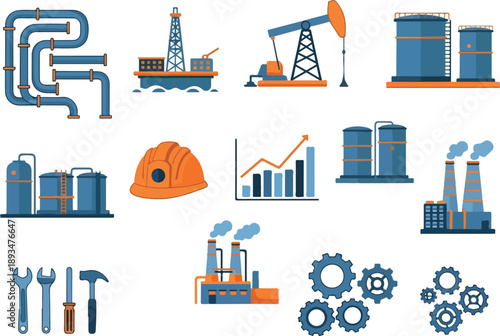 Collection of Industrial Icons depicting Oil and Gas Extraction, Manufacturing, and Construction Equipment