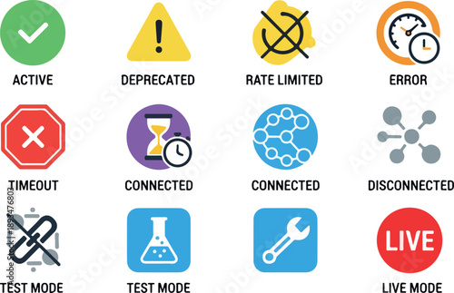 A collection of clean and modern icons representing various system statuses and operational modes, including active, error, and connected states