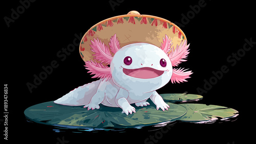 A digitally illustrated white axolotl wearing a sombrero hat on a lily pad.