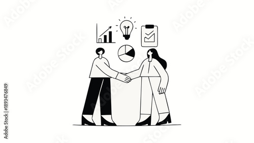 Two entrepreneurs shaking hands in a flat vector illustration with business graphs and charts