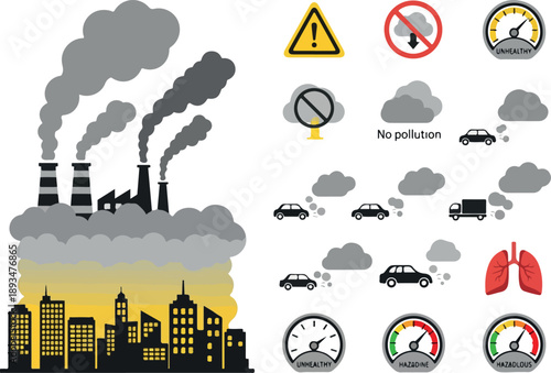 Industrial pollution and city smog, highlighting environmental concerns with warning signs and air quality indicators