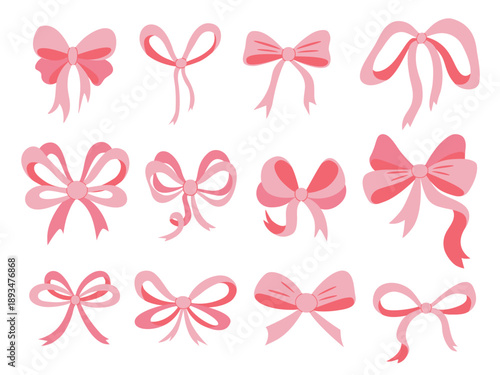 Delicate pink cute bows in coquette style. Festive beautiful tied ribbons. Girly accessory set. Collection of various flirty bows, clip art. Vector elements