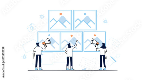 Three content creators collaborating on social media posts with megaphones and screens