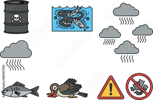 Environmental pollution and its devastating impact on marine life and the atmosphere, depicted through warning symbols and polluted ecosystems