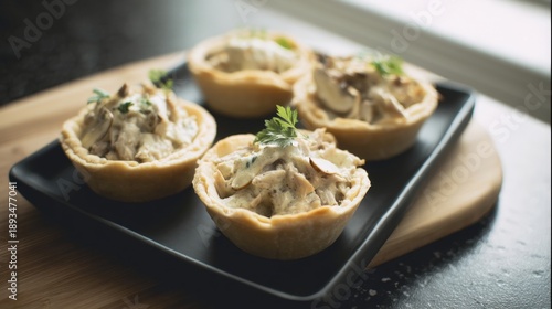 Creamy Chicken and Mushroom Tartlets with Fresh Herbs. Generative AI