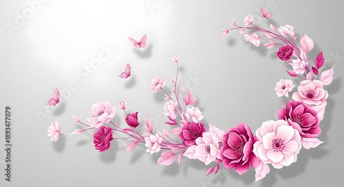 Pink and white floral arrangement with butterflies on gray background