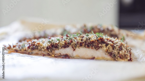 Baked Trout Fillet with Sun-Dried Tomato Crust and Herbs. Generative AI