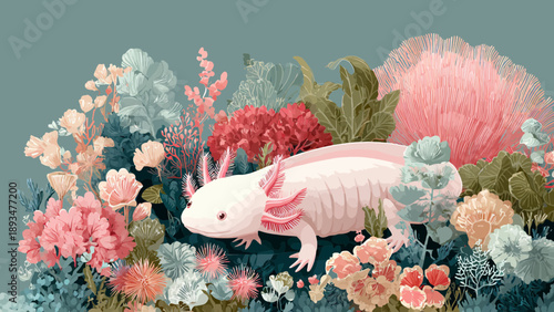 Vibrant Axolotl Surrounded by Colorful Flowers and Foliage.