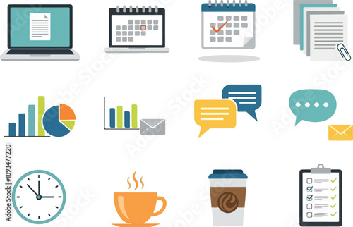Collection of business and office icons including laptop, calendar, documents, charts, clock, coffee, and checklist