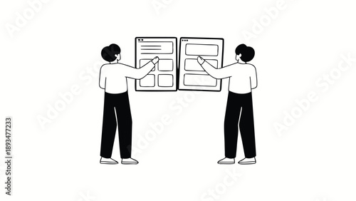 Two colleagues in teamwork exchanging digital information on a large screen display in a modern office setting with a minimalist background