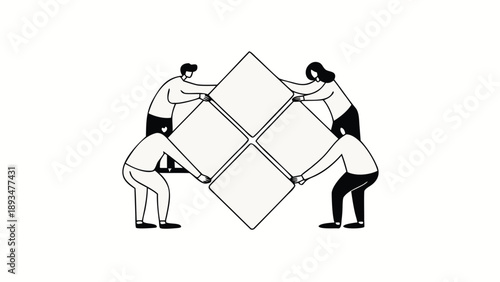 Four startup employees working together to build a puzzle teamwork and collaboration concept