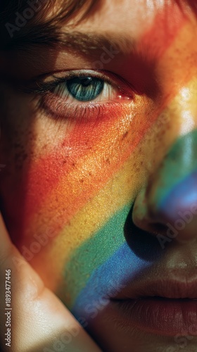 Emotional portrait of queer identity at lgbt pride month celebration in community parade with rainbow flag embracing diversity